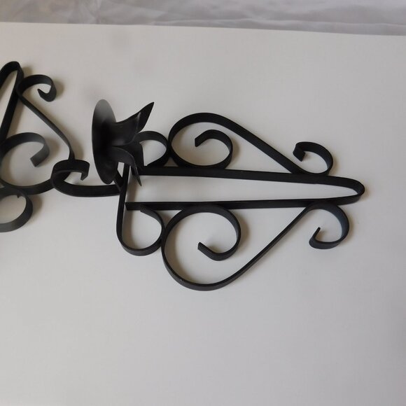 VTG MCM  Black Wrought Iron Metal Wall Candlestick Sconces 9" Pair Candle Holder - Picture 5 of 8